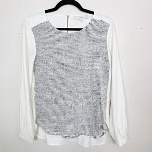 LOFT XSmall XS Cream Gray Tweed Front Mixed Media Long Sleeve Blouse Top Scoop